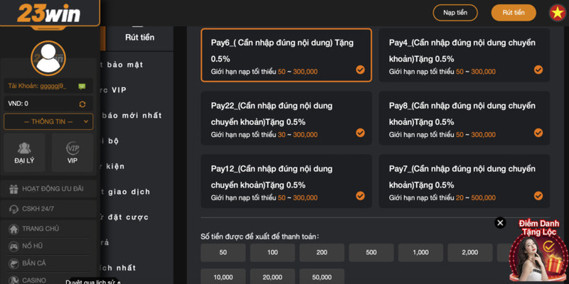 điều kiện nạp tiền 23win